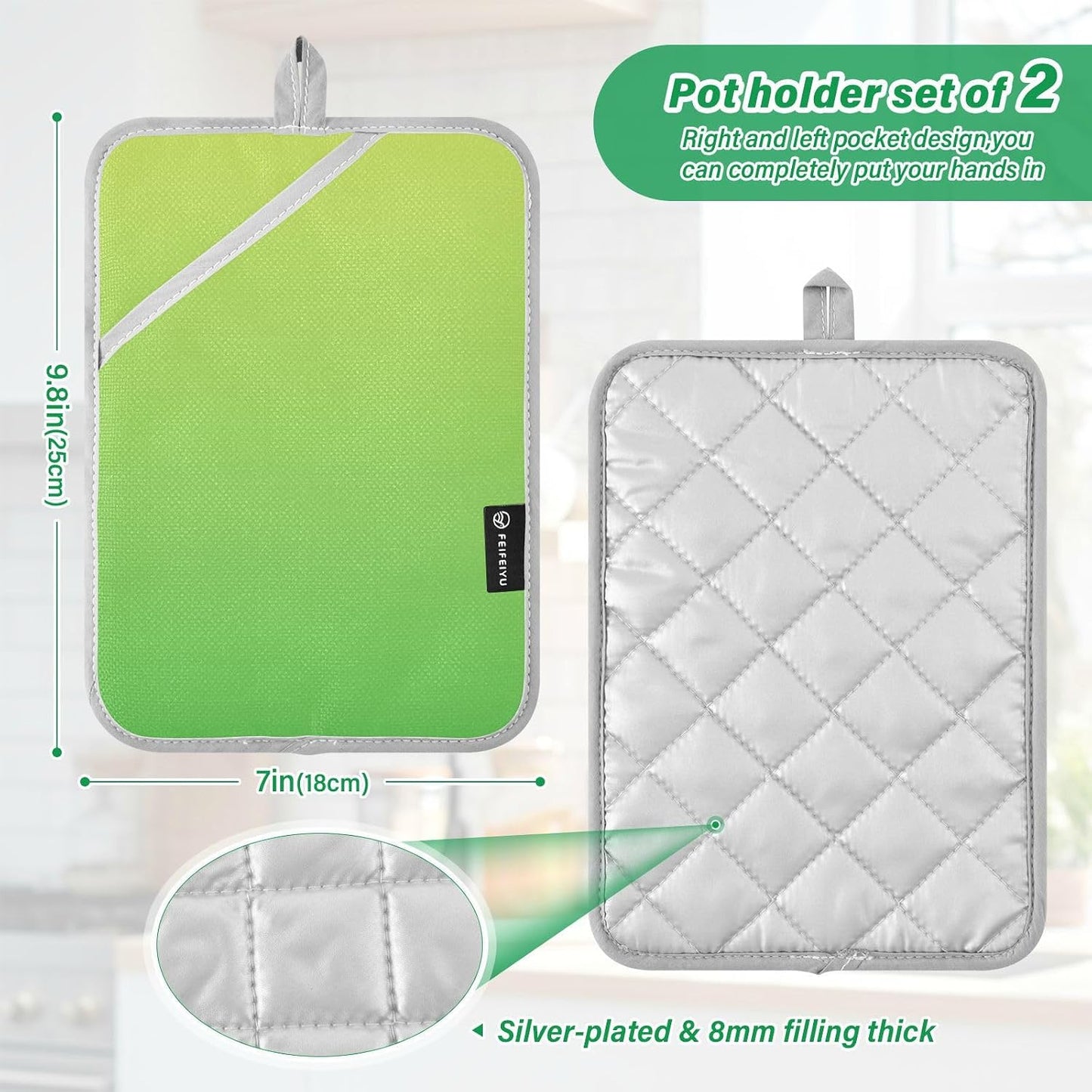 2 Pack Pot Holders, Solid Color Yellow Light Green Gradient Oven Mitts Potholders Sets for Kitchen Countertops, Square 7x9.8 in