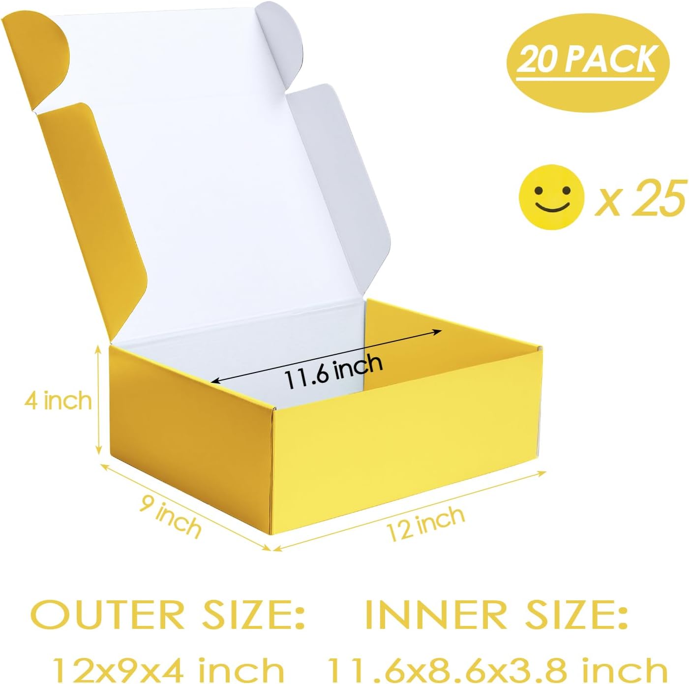 20 Pack 12x9x4 in Cardboard Shipping Boxes, Lemon Yellow Gift Box | Bright Color, Tuck Top, Quick Fold, Easy Assemble, Shape Well, Single Corrugated, Shirt, Shoe, Small Business Packaging