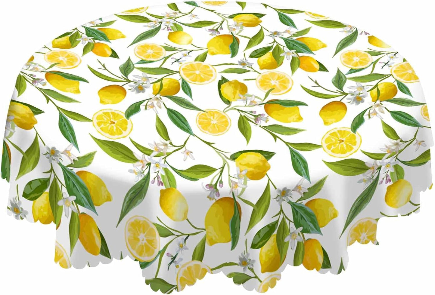 Yellow Lemon Tablecloth Round Table Cloth Fruit Tree Branches Leaves Flowers Bloom Bright Summer Polyester Tablecloths 60 Inch for Dining Room, Party, Banquet