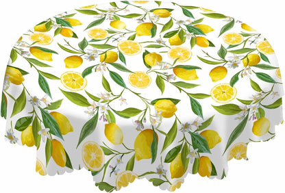 Yellow Lemon Tablecloth Round Table Cloth Fruit Tree Branches Leaves Flowers Bloom Bright Summer Polyester Tablecloths 60 Inch for Dining Room, Party, Banquet