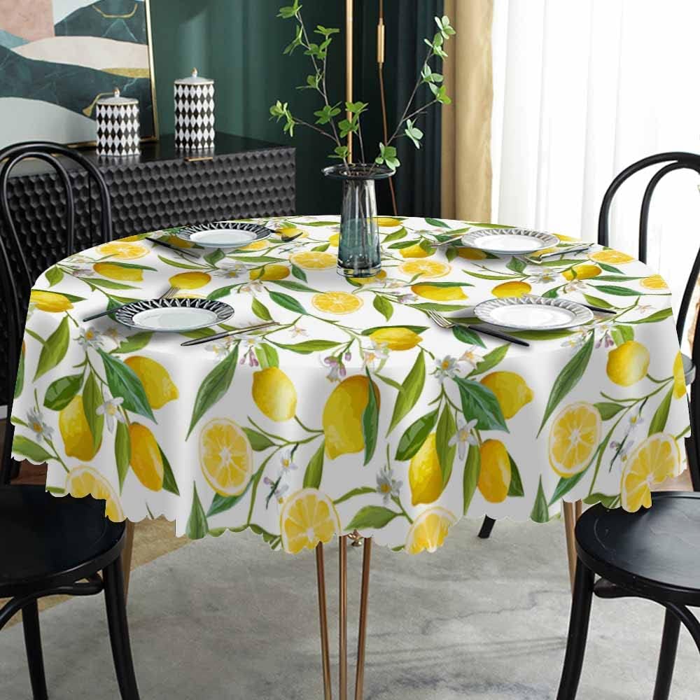 Yellow Lemon Tablecloth Round Table Cloth Fruit Tree Branches Leaves Flowers Bloom Bright Summer Polyester Tablecloths 60 Inch for Dining Room, Party, Banquet