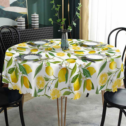 Yellow Lemon Tablecloth Round Table Cloth Fruit Tree Branches Leaves Flowers Bloom Bright Summer Polyester Tablecloths 60 Inch for Dining Room, Party, Banquet