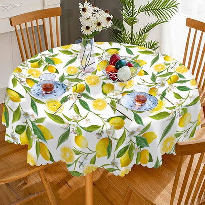 Yellow Lemon Tablecloth Round Table Cloth Fruit Tree Branches Leaves Flowers Bloom Bright Summer Polyester Tablecloths 60 Inch for Dining Room, Party, Banquet
