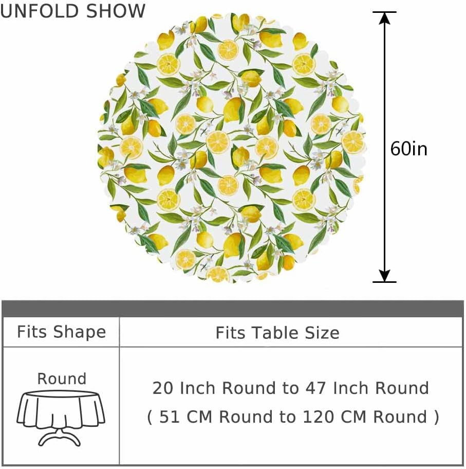 Yellow Lemon Tablecloth Round Table Cloth Fruit Tree Branches Leaves Flowers Bloom Bright Summer Polyester Tablecloths 60 Inch for Dining Room, Party, Banquet