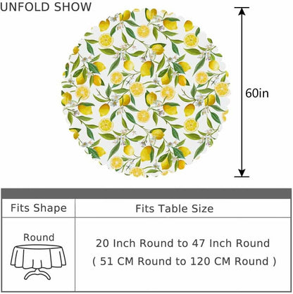 Yellow Lemon Tablecloth Round Table Cloth Fruit Tree Branches Leaves Flowers Bloom Bright Summer Polyester Tablecloths 60 Inch for Dining Room, Party, Banquet