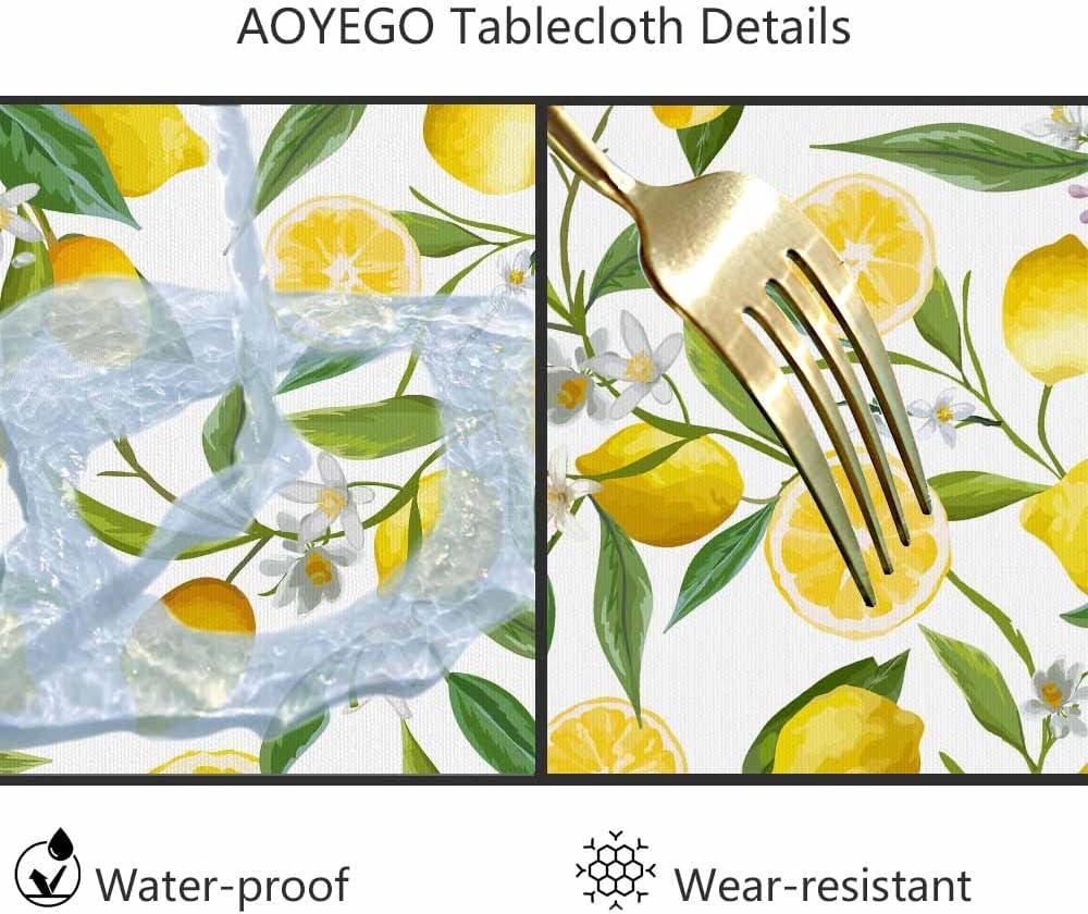Yellow Lemon Tablecloth Round Table Cloth Fruit Tree Branches Leaves Flowers Bloom Bright Summer Polyester Tablecloths 60 Inch for Dining Room, Party, Banquet