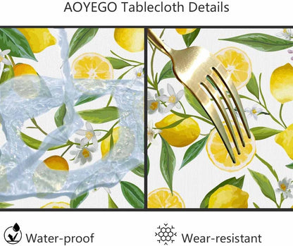 Yellow Lemon Tablecloth Round Table Cloth Fruit Tree Branches Leaves Flowers Bloom Bright Summer Polyester Tablecloths 60 Inch for Dining Room, Party, Banquet