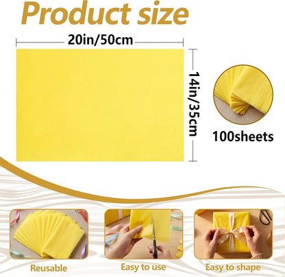 100 Sheets Yellow Tissue Paper 20"X14" Tissue Paper for Gift Bags, Gift Wrapping Tissue, Christmas Tissue Paper Anniversary Holiday Decoration Arts Craft