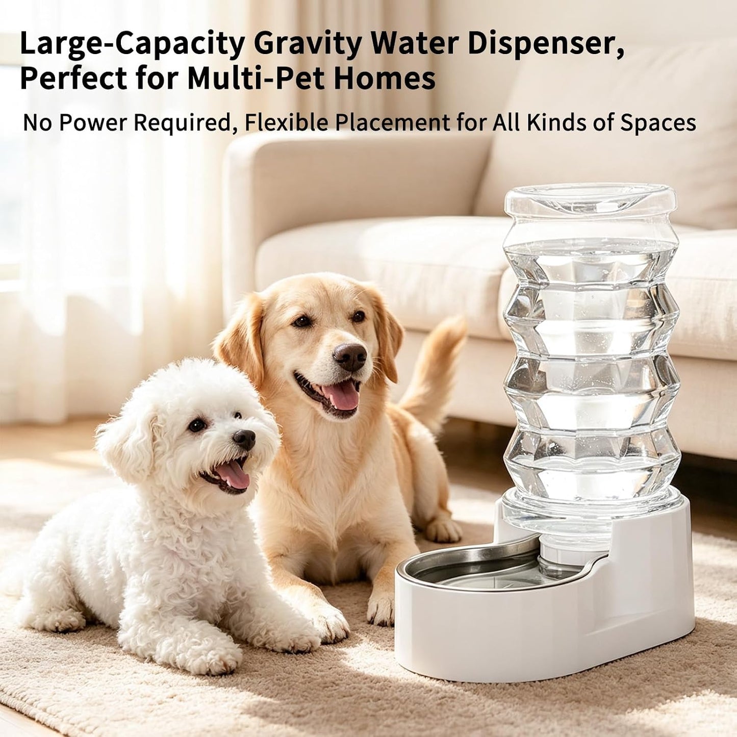 8L Gravity Dog Water Dispenser: Stainless Steel Bowl Anti-Splash | Wide Mouth Easy Cleaning/ Dishwasher Safe/No Electricity Needed/ Filtered Fresh Water / Multi-Pet Homes
