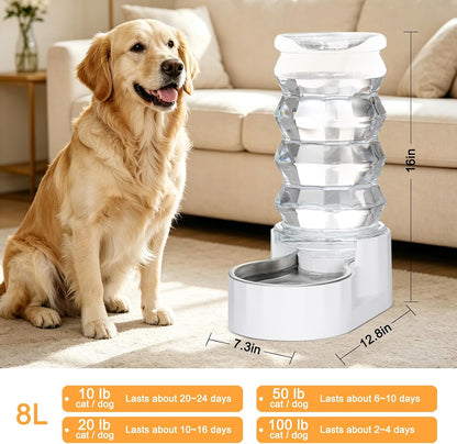 8L Gravity Dog Water Dispenser: Stainless Steel Bowl Anti-Splash | Wide Mouth Easy Cleaning/ Dishwasher Safe/No Electricity Needed/ Filtered Fresh Water / Multi-Pet Homes