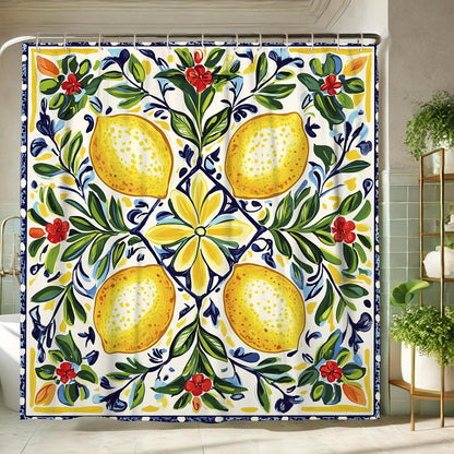 Lemon Shower Curtain, Vibrant Yellow Citrus Floral Bath Curtain for Kitchen Decor, Summer Bright Tropical Art Style for Bathroom Accessories, Waterproof Fabric Set with Hooks 62x72 Inch