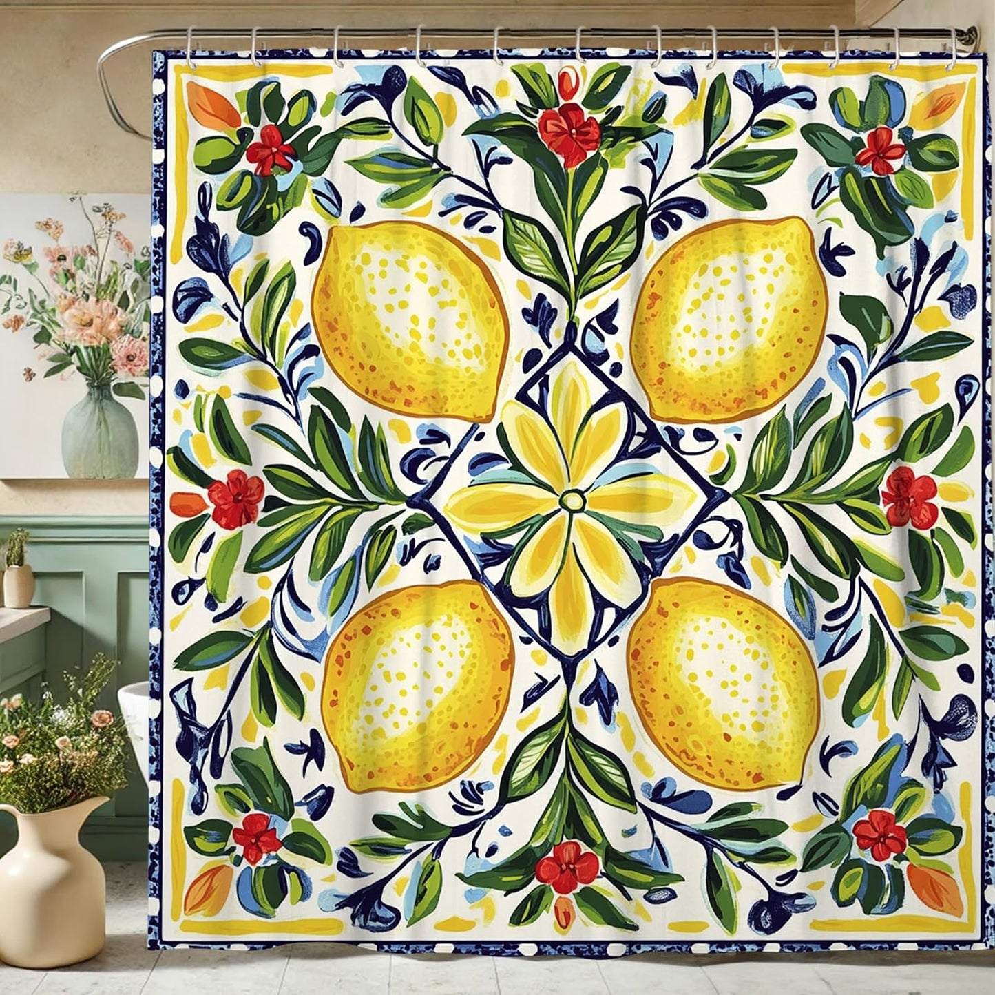 Lemon Shower Curtain, Vibrant Yellow Citrus Floral Bath Curtain for Kitchen Decor, Summer Bright Tropical Art Style for Bathroom Accessories, Waterproof Fabric Set with Hooks 62x72 Inch