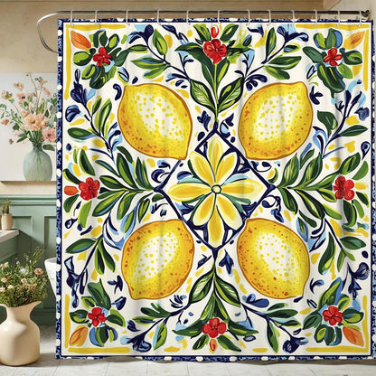 Lemon Shower Curtain, Vibrant Yellow Citrus Floral Bath Curtain for Kitchen Decor, Summer Bright Tropical Art Style for Bathroom Accessories, Waterproof Fabric Set with Hooks 62x72 Inch