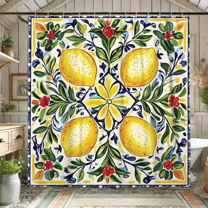 Lemon Shower Curtain, Vibrant Yellow Citrus Floral Bath Curtain for Kitchen Decor, Summer Bright Tropical Art Style for Bathroom Accessories, Waterproof Fabric Set with Hooks 62x72 Inch