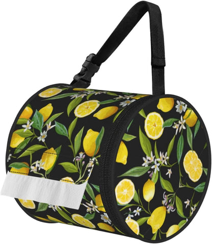 Yellow Lemon Print Round Paper Tissue Holder with Shoulder Strap, Portable Roll Case for Caravan Travel Use