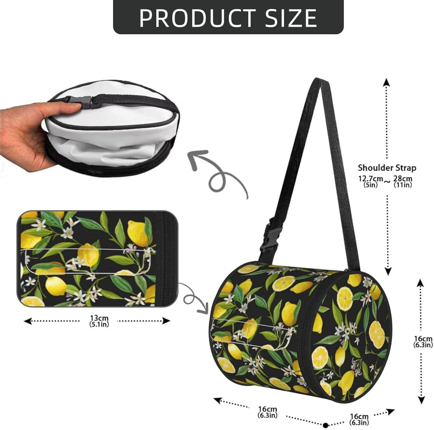 Yellow Lemon Print Round Paper Tissue Holder with Shoulder Strap, Portable Roll Case for Caravan Travel Use