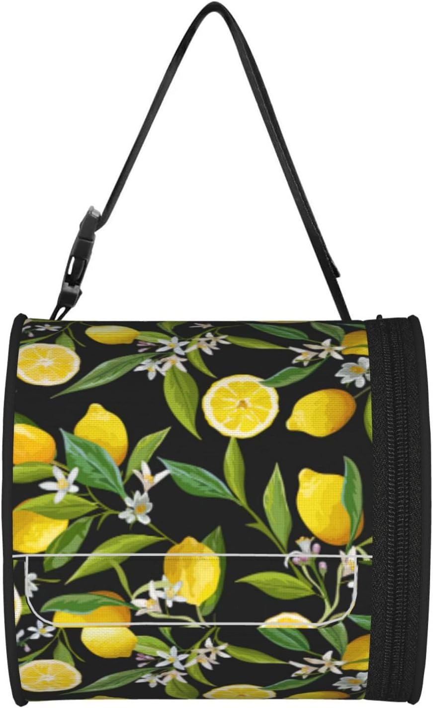 Yellow Lemon Print Round Paper Tissue Holder with Shoulder Strap, Portable Roll Case for Caravan Travel Use