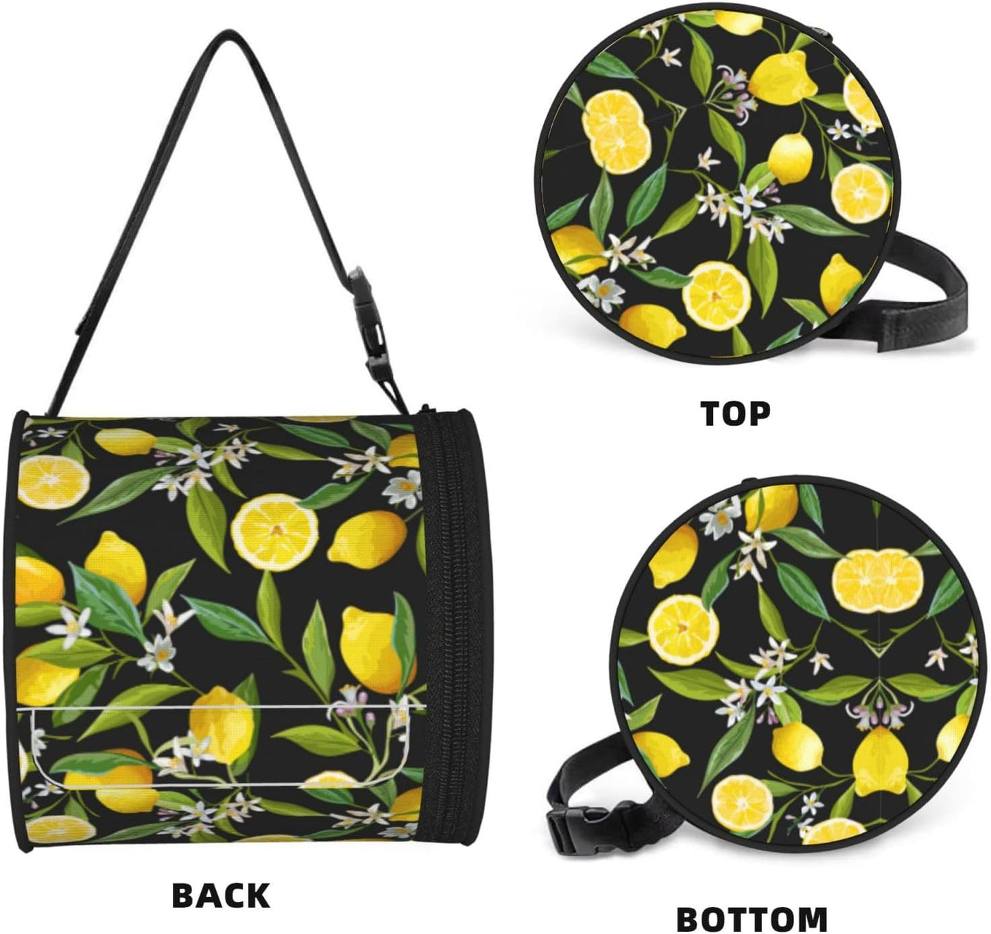 Yellow Lemon Print Round Paper Tissue Holder with Shoulder Strap, Portable Roll Case for Caravan Travel Use