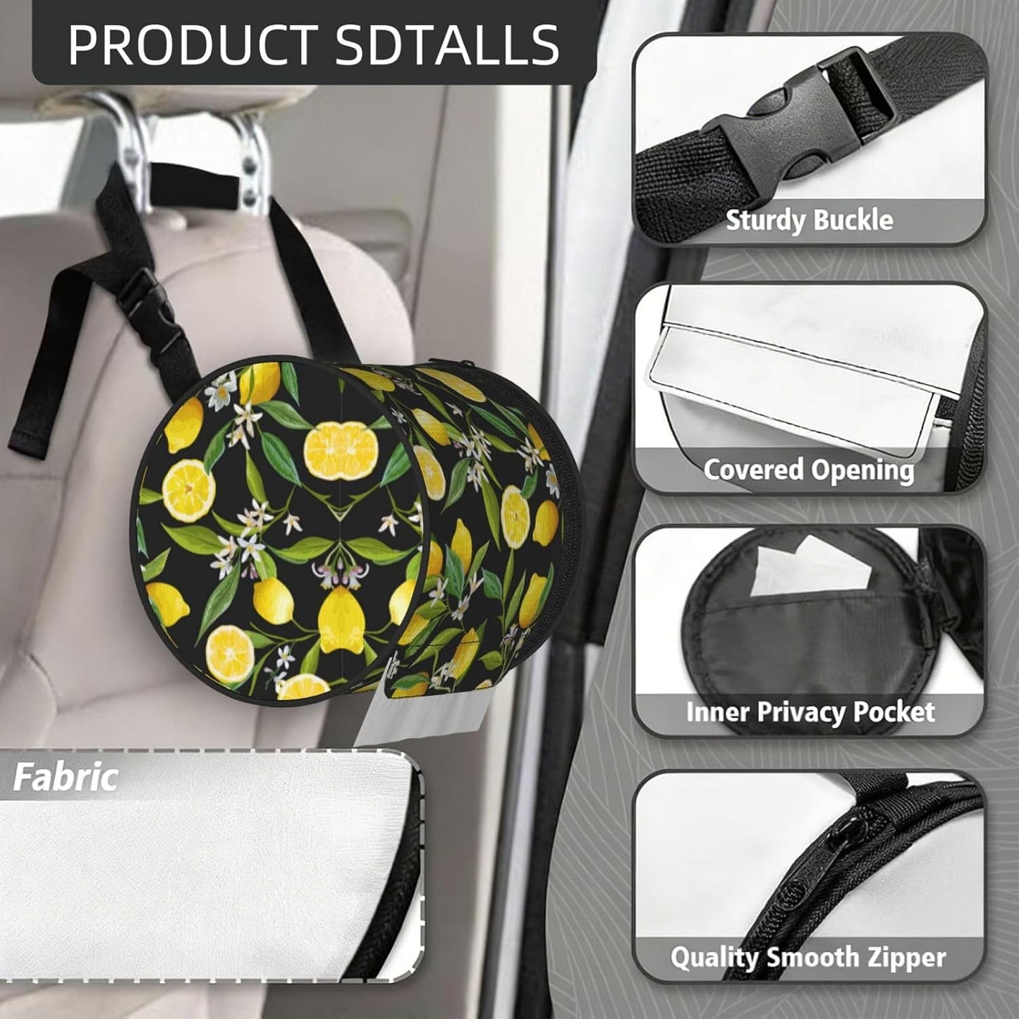 Yellow Lemon Print Round Paper Tissue Holder with Shoulder Strap, Portable Roll Case for Caravan Travel Use