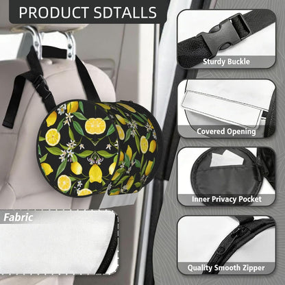 Yellow Lemon Print Round Paper Tissue Holder with Shoulder Strap, Portable Roll Case for Caravan Travel Use