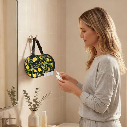 Yellow Lemon Print Round Paper Tissue Holder with Shoulder Strap, Portable Roll Case for Caravan Travel Use