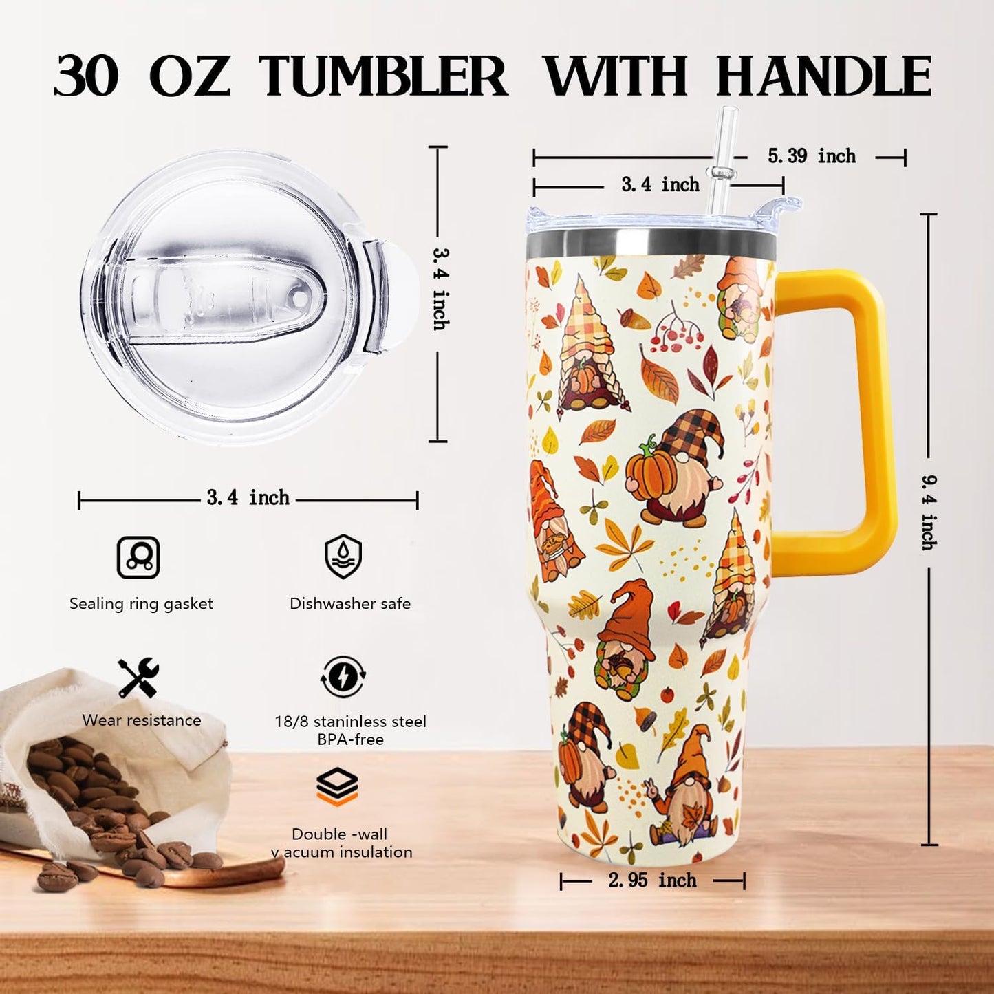 30 oz Stainless Steel Tumbler with lid and Straw,Yellow CoffeeTravel Mug Cup Water Botter, Lemon Gifts for Lemon Lovers - Colors A