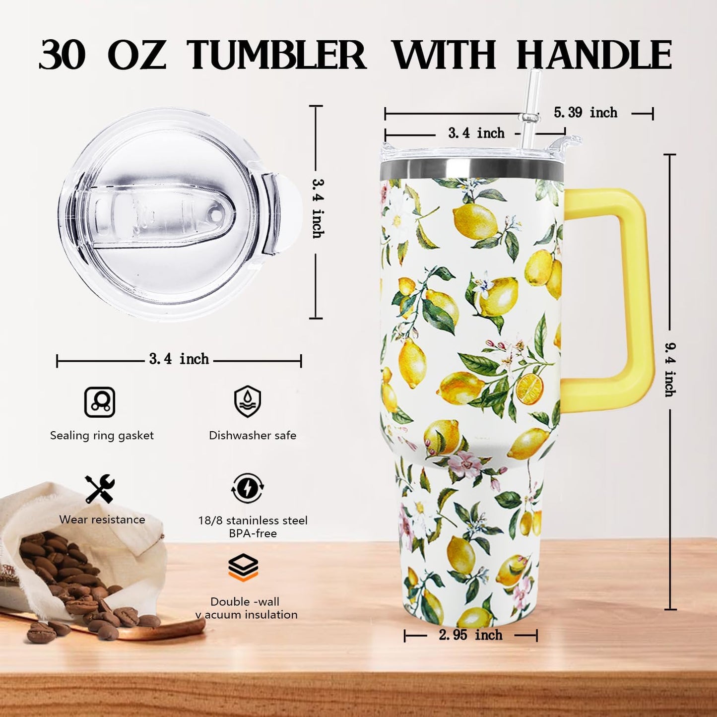 30 oz Stainless Steel Tumbler with lid and Straw,Yellow CoffeeTravel Mug Cup Water Botter, Lemon Gifts for Lemon Lovers - Colors A