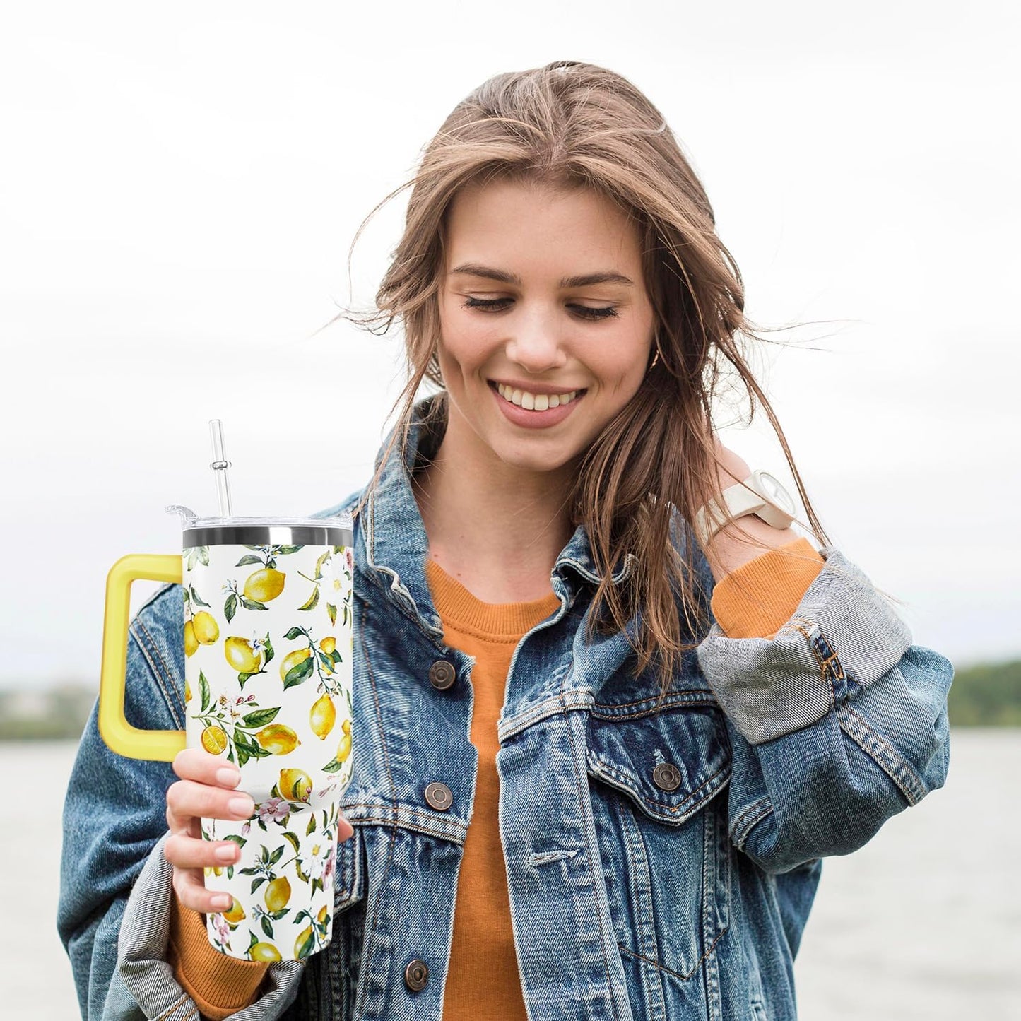 30 oz Stainless Steel Tumbler with lid and Straw,Yellow CoffeeTravel Mug Cup Water Botter, Lemon Gifts for Lemon Lovers - Colors A