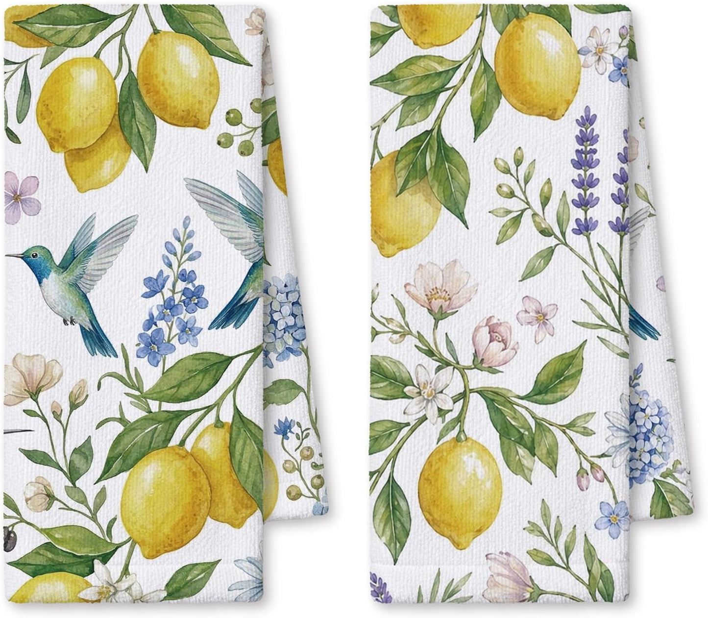 Lemon Hummingbird Decor Kitchen Towels 16x24 Inch, Lemon Gifts for Women, Farmhouse Floral Botanical Summer Hand Tea Dish Towels for Kitchen Bathroom, Set of 2