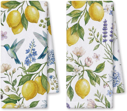 Lemon Hummingbird Decor Kitchen Towels 16x24 Inch, Lemon Gifts for Women, Farmhouse Floral Botanical Summer Hand Tea Dish Towels for Kitchen Bathroom, Set of 2