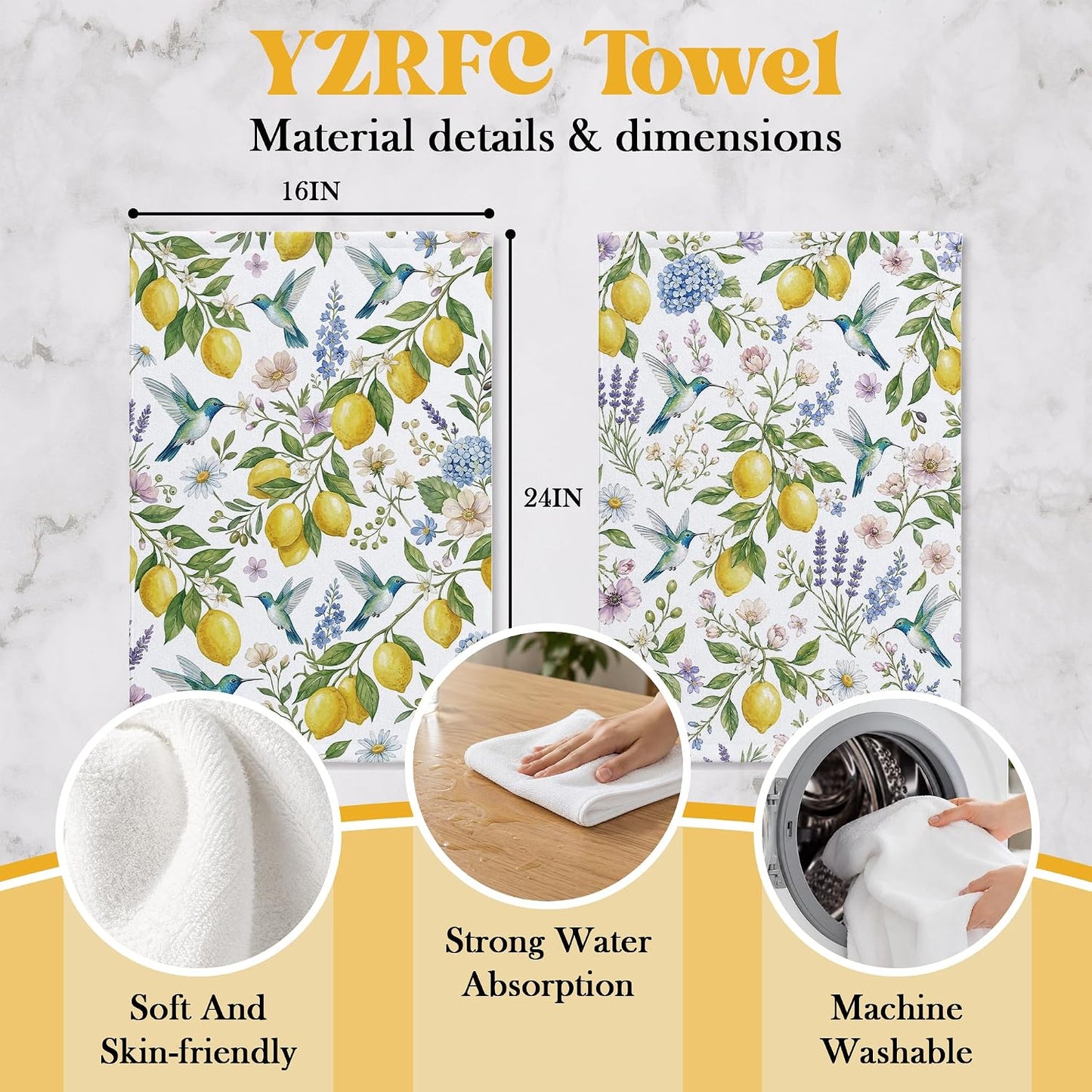 Lemon Hummingbird Decor Kitchen Towels 16x24 Inch, Lemon Gifts for Women, Farmhouse Floral Botanical Summer Hand Tea Dish Towels for Kitchen Bathroom, Set of 2