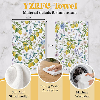 Lemon Hummingbird Decor Kitchen Towels 16x24 Inch, Lemon Gifts for Women, Farmhouse Floral Botanical Summer Hand Tea Dish Towels for Kitchen Bathroom, Set of 2
