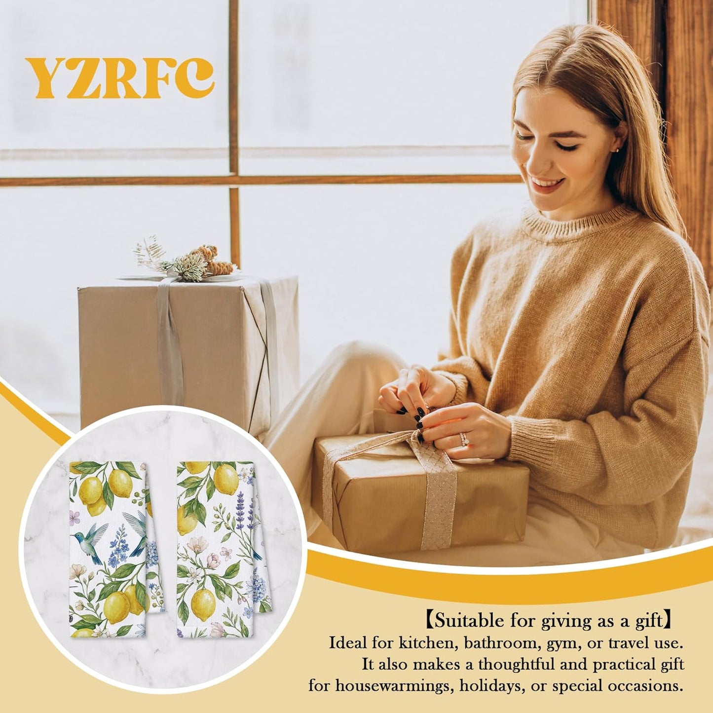 Lemon Hummingbird Decor Kitchen Towels 16x24 Inch, Lemon Gifts for Women, Farmhouse Floral Botanical Summer Hand Tea Dish Towels for Kitchen Bathroom, Set of 2