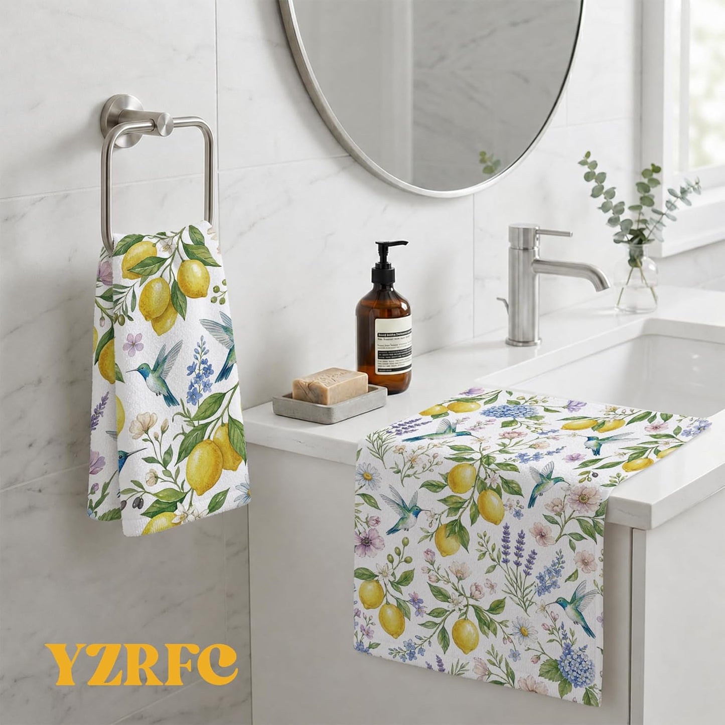 Lemon Hummingbird Decor Kitchen Towels 16x24 Inch, Lemon Gifts for Women, Farmhouse Floral Botanical Summer Hand Tea Dish Towels for Kitchen Bathroom, Set of 2
