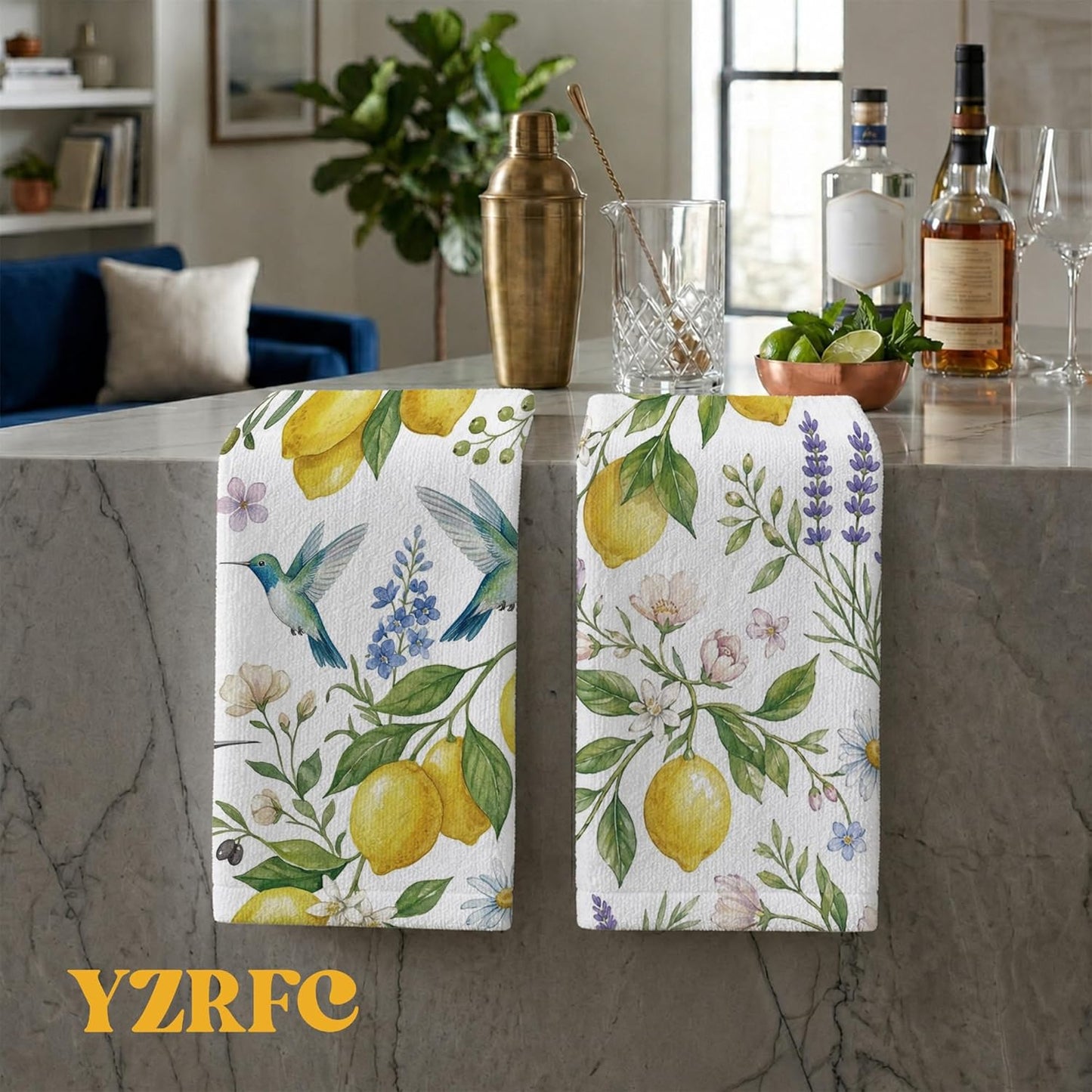 Lemon Hummingbird Decor Kitchen Towels 16x24 Inch, Lemon Gifts for Women, Farmhouse Floral Botanical Summer Hand Tea Dish Towels for Kitchen Bathroom, Set of 2
