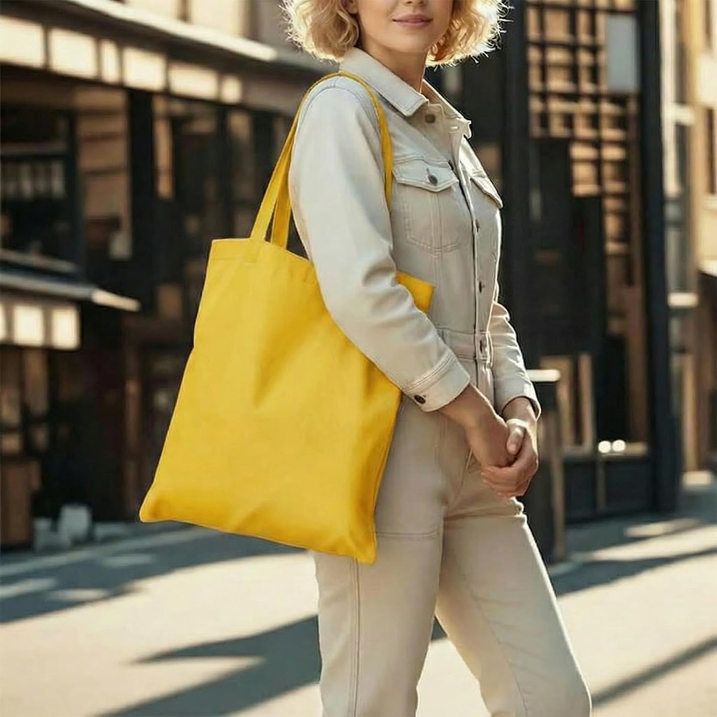 1 Pack Canvas Tote Bags With Handle, Shopping Bag, Bright Yellow | 14 x 15-inch Natural Canvas Bags for Work, DIY, Shopping