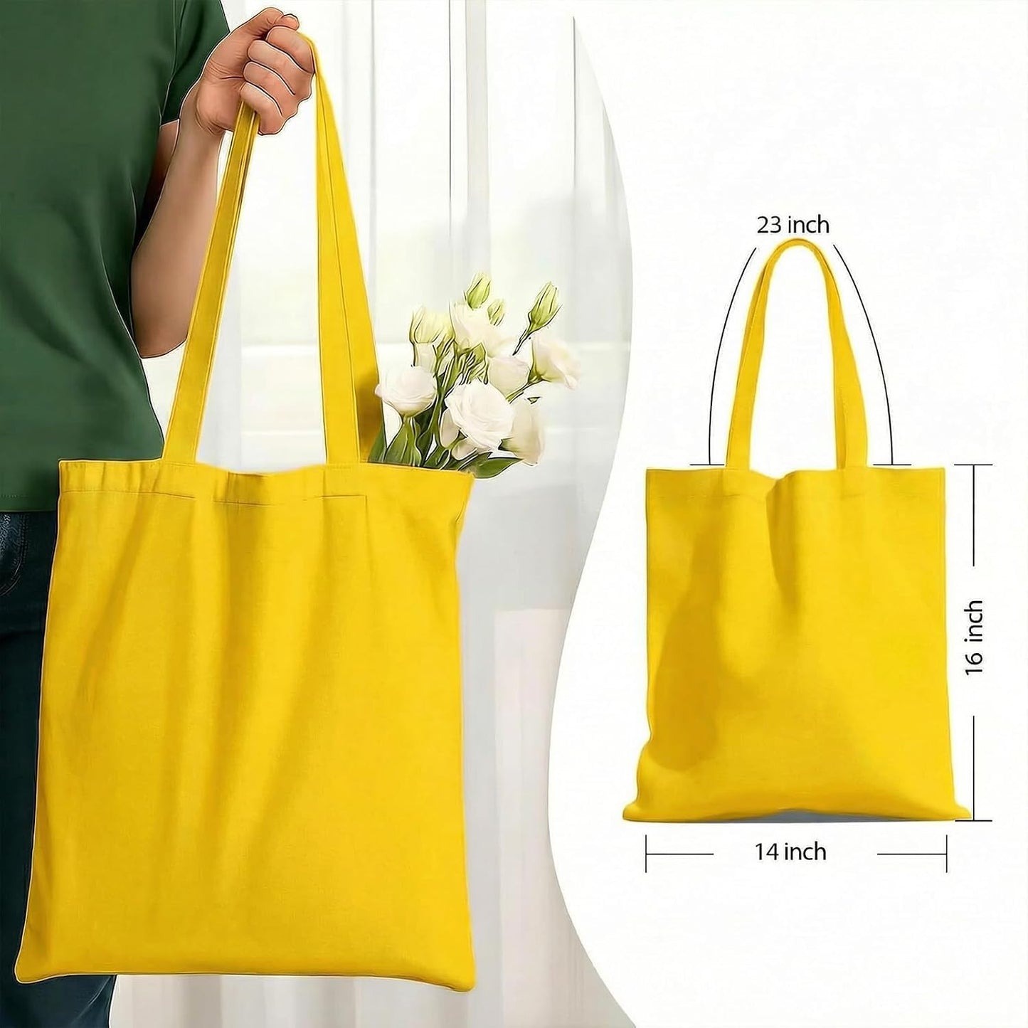 1 Pack Canvas Tote Bags With Handle, Shopping Bag, Bright Yellow | 14 x 15-inch Natural Canvas Bags for Work, DIY, Shopping