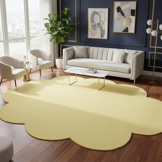 Solid Color Scalloped Oval Area Rug 3x5 Modern Minimalist Living Room Rugs Yellow Cloud Irregular Shaped Indoor Carpet for Bedroom Dining Room Nursery Washable Soft Low Pile Non Slip Floor Mats
