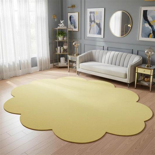Solid Color Scalloped Oval Area Rug 3x5 Modern Minimalist Living Room Rugs Yellow Cloud Irregular Shaped Indoor Carpet for Bedroom Dining Room Nursery Washable Soft Low Pile Non Slip Floor Mats