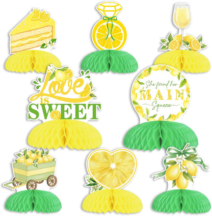 She Found Her Main Squeeze Honeycomb Centerpieces, 8pcs Lemon Themed Double Sided Table Toppers with Ring, Wine Glass, Love Is Sweet Designs for Lemonade Bridal Shower Bachelorette Engagement