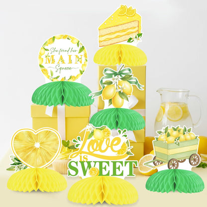 She Found Her Main Squeeze Honeycomb Centerpieces, 8pcs Lemon Themed Double Sided Table Toppers with Ring, Wine Glass, Love Is Sweet Designs for Lemonade Bridal Shower Bachelorette Engagement