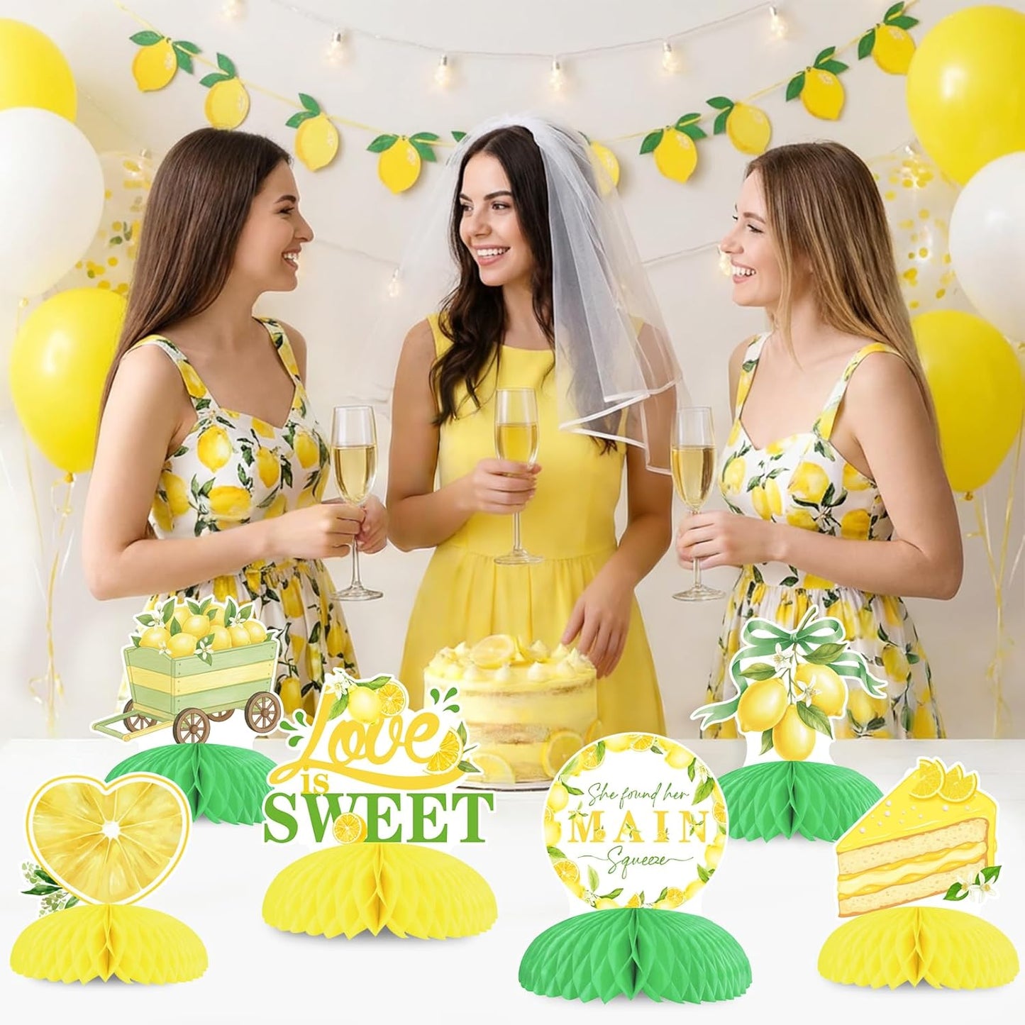 She Found Her Main Squeeze Honeycomb Centerpieces, 8pcs Lemon Themed Double Sided Table Toppers with Ring, Wine Glass, Love Is Sweet Designs for Lemonade Bridal Shower Bachelorette Engagement