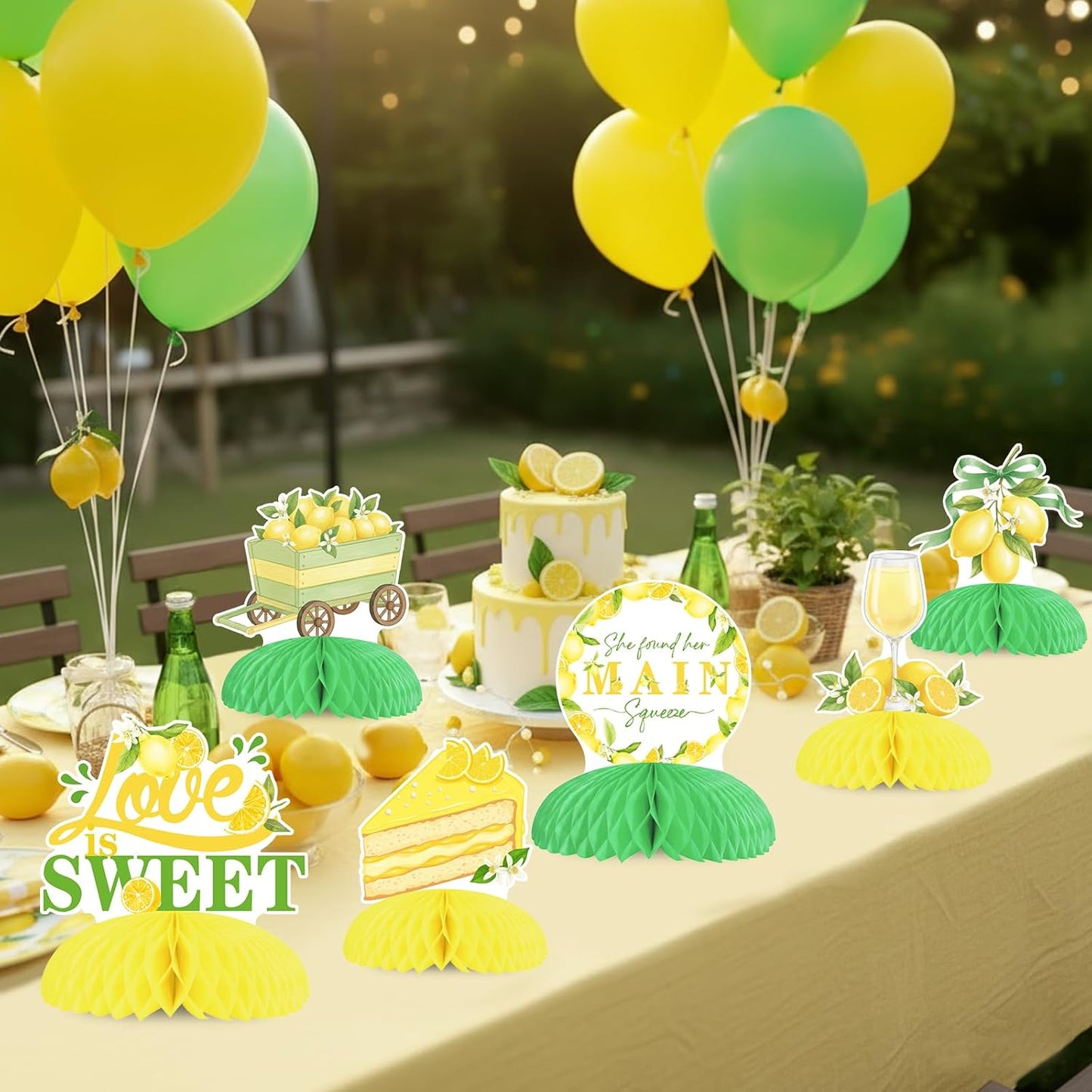 She Found Her Main Squeeze Honeycomb Centerpieces, 8pcs Lemon Themed Double Sided Table Toppers with Ring, Wine Glass, Love Is Sweet Designs for Lemonade Bridal Shower Bachelorette Engagement
