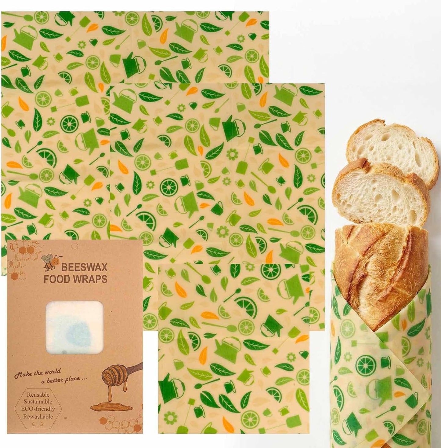 Beeswax Wraps for Food, Lemon 3 Pack (S, M, L) Reusable Food Wraps, Bread Sandwich Wrap, Zero Waste, Organic, Plastic-Free Food Storage Wrap