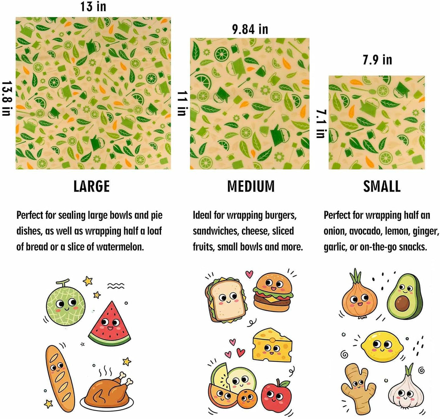 Beeswax Wraps for Food, Lemon 3 Pack (S, M, L) Reusable Food Wraps, Bread Sandwich Wrap, Zero Waste, Organic, Plastic-Free Food Storage Wrap