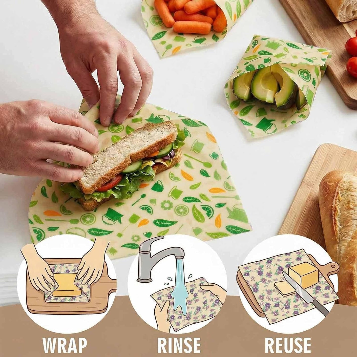 Beeswax Wraps for Food, Lemon 3 Pack (S, M, L) Reusable Food Wraps, Bread Sandwich Wrap, Zero Waste, Organic, Plastic-Free Food Storage Wrap