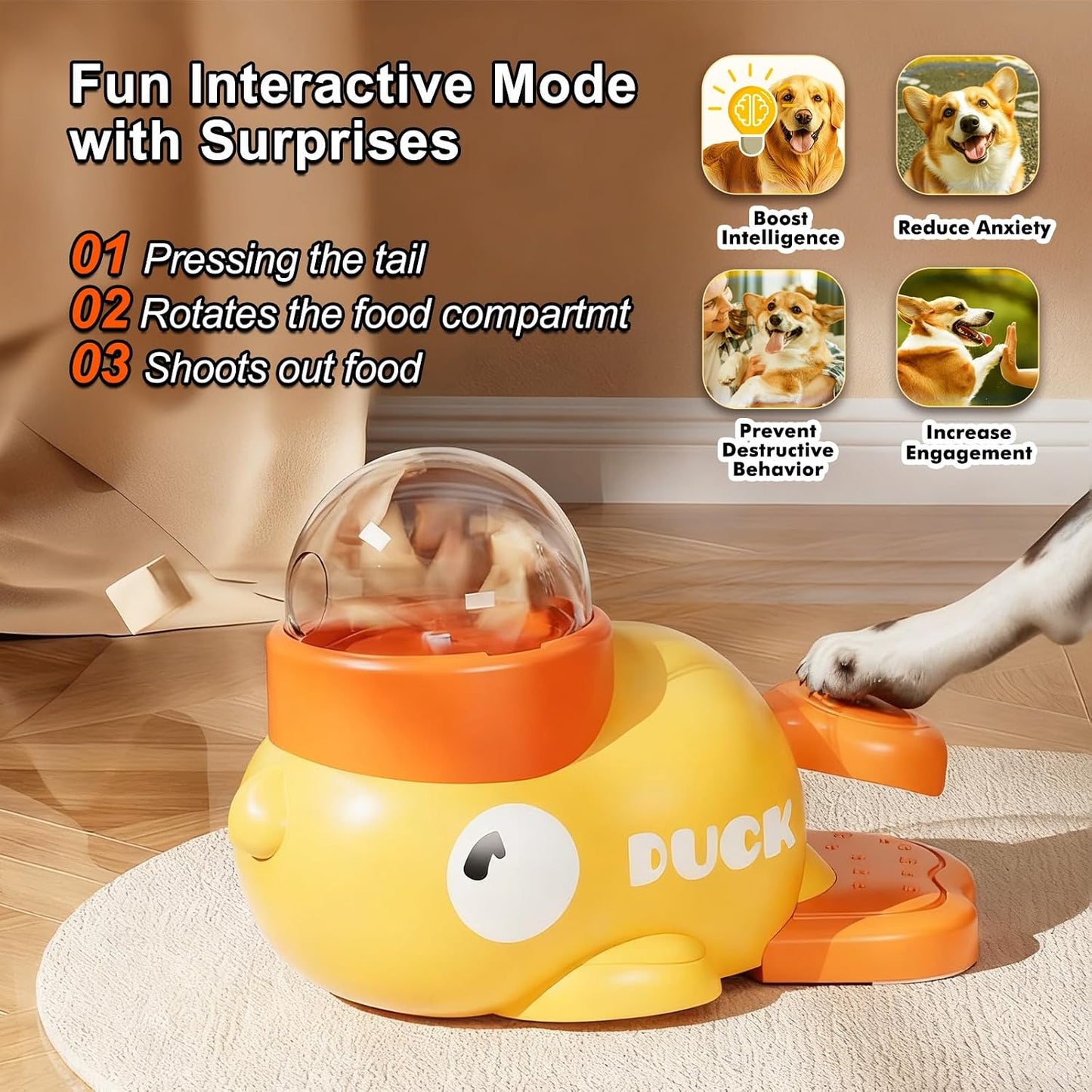 Duck Dog Treat Dispenser Toy, Interactive Slow Feeder Puzzle Toy | Duck design with interactive treat dispensing, slow feeding, and puzzle play to provide mental stimulation and reduce boredom