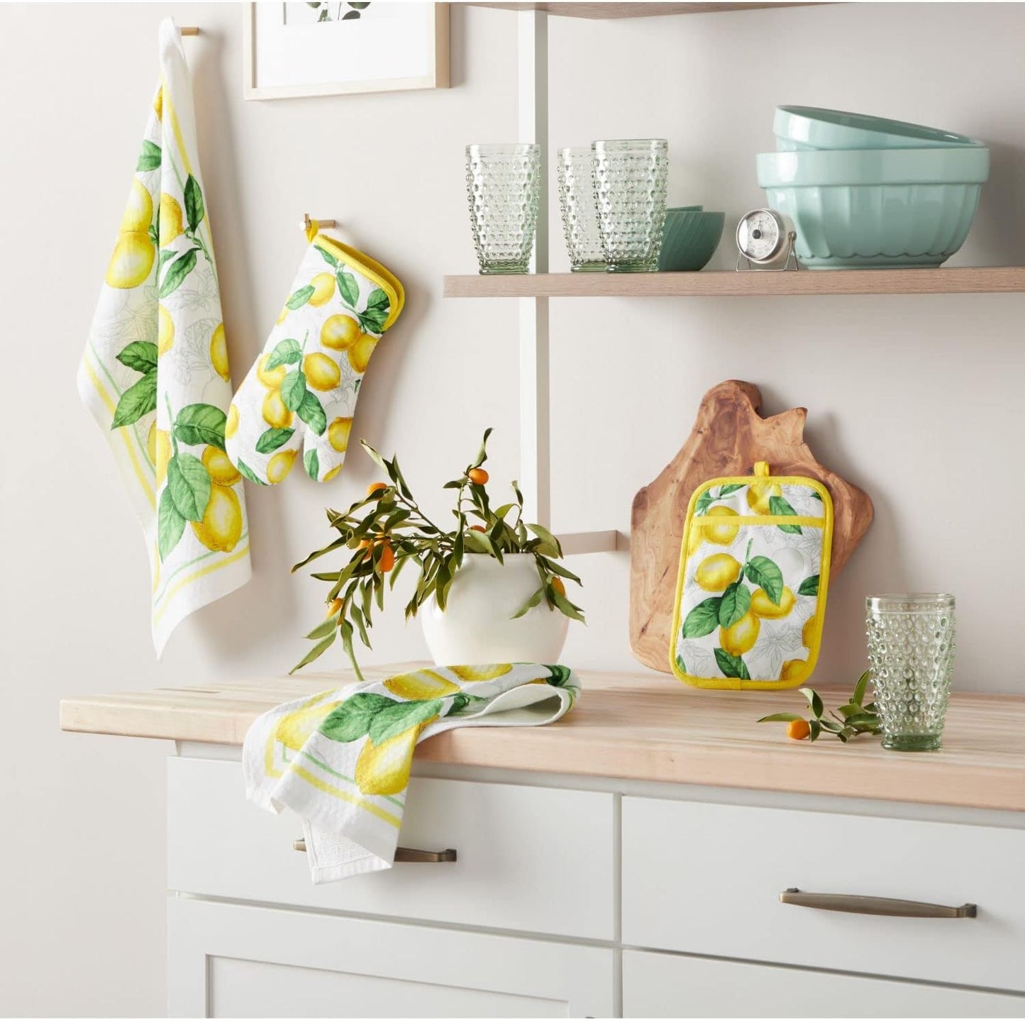 Lots of Lemons Modern Kitchen Towel, Oven Mitt & Potholder Set, 4-Pack, White-Yellow