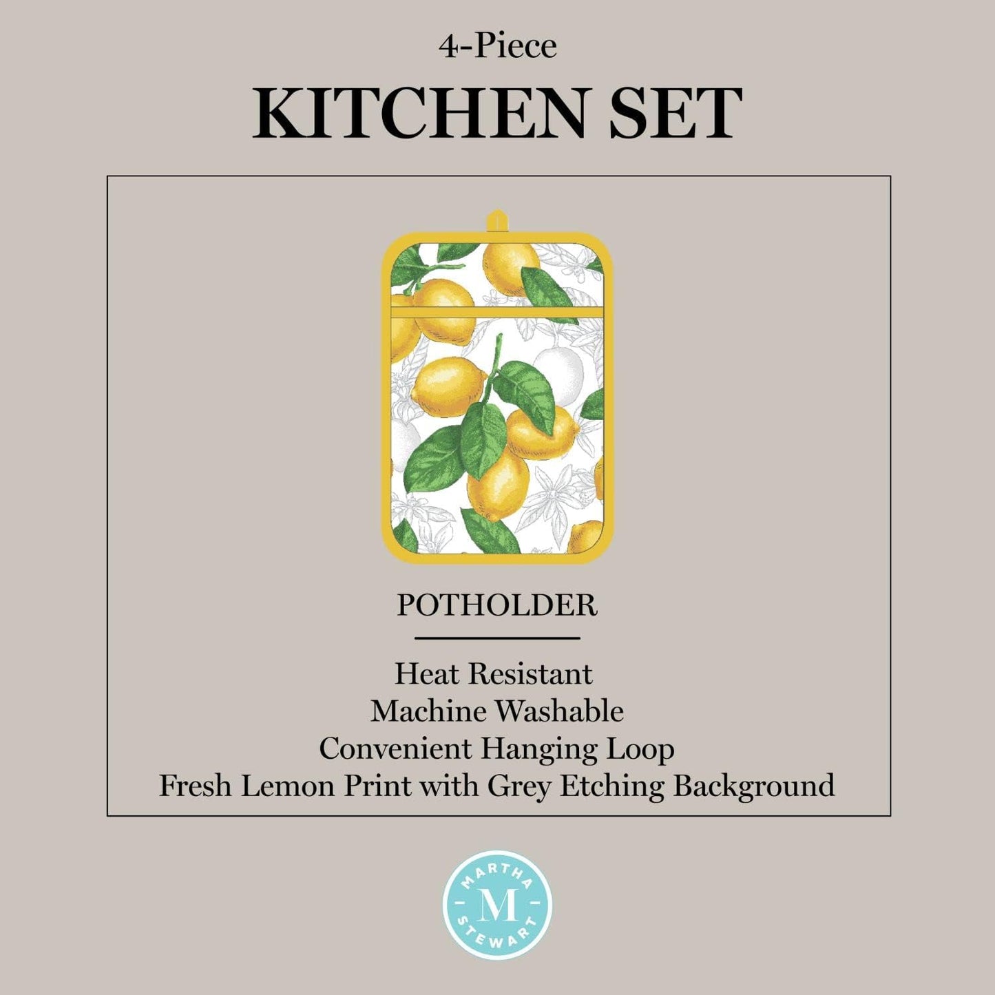 Lots of Lemons Modern Kitchen Towel, Oven Mitt & Potholder Set, 4-Pack, White-Yellow