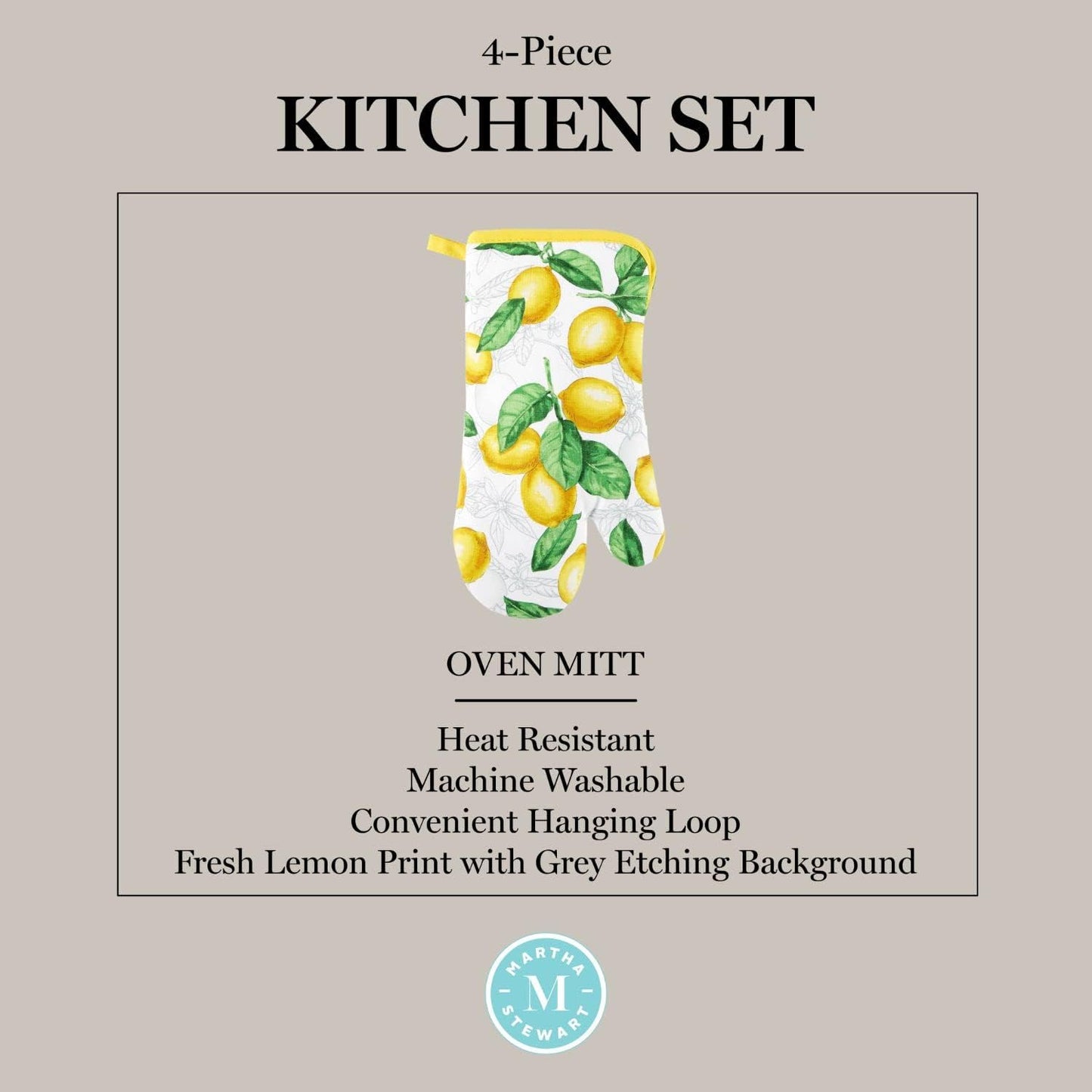 Lots of Lemons Modern Kitchen Towel, Oven Mitt & Potholder Set, 4-Pack, White-Yellow